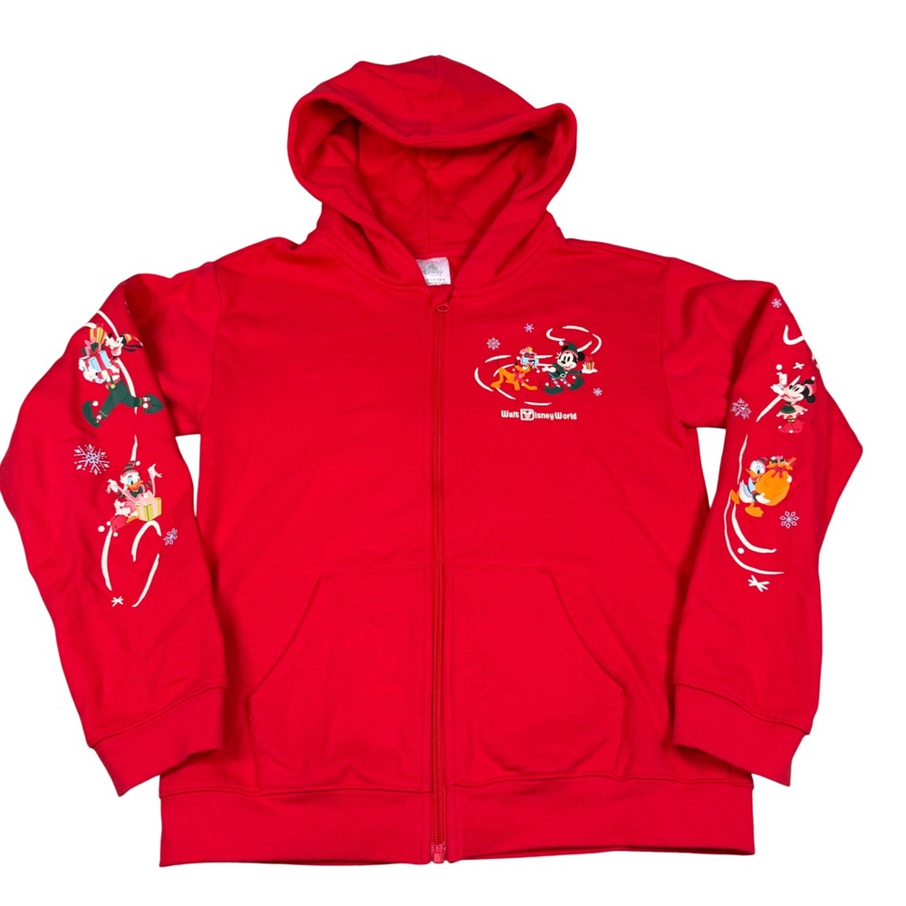 Disney Parks Walt Disney World Christmas Mickey Pluto Red Zip Hoodie Kids 13